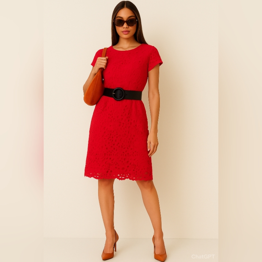 SUZY SHIER 🐞 Red Floral Lace Short Sleeves Midi Dress Sz: S